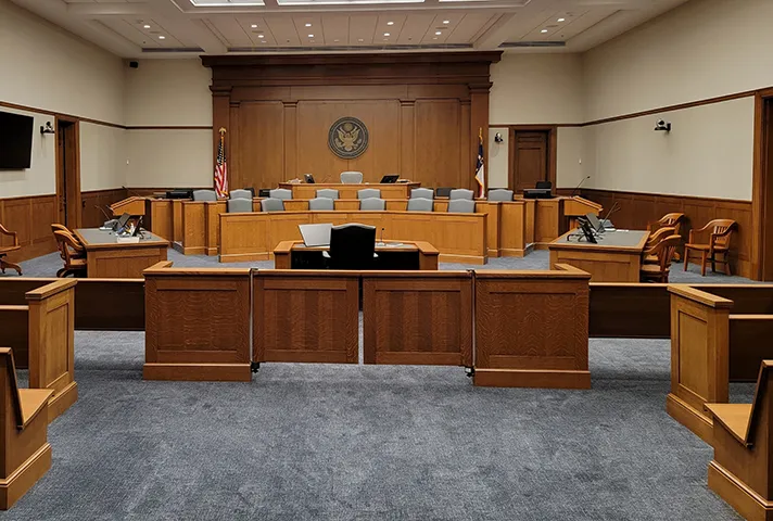 A new courtroom in Charlotte, N.C., replicates an Albermarle County, Virginia, courtroom designed by Thomas Jefferson. The jury box is placed in the center, in front of the judge, while counsel tables are placed to the side.